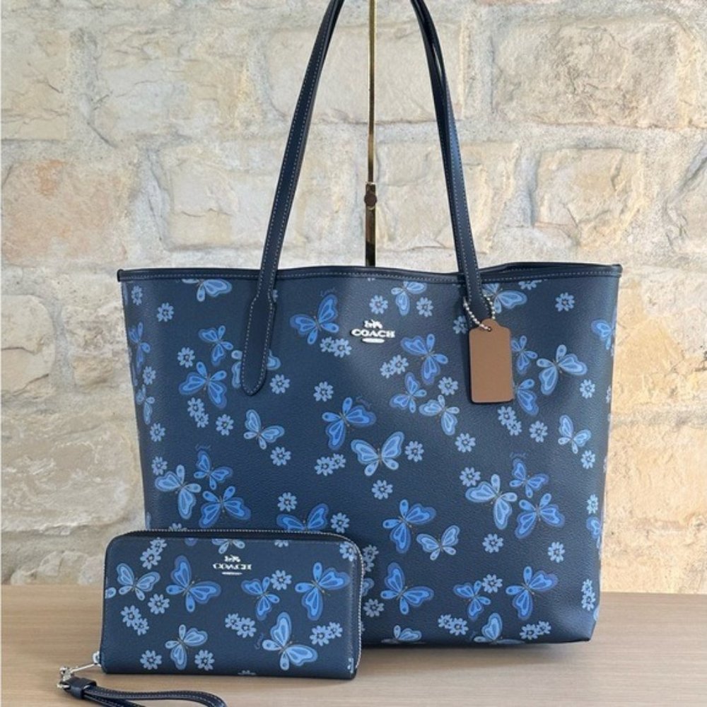 Coach Butterfly City Tote Lovely Print Handbag&wallet Blue black NWT Authentic